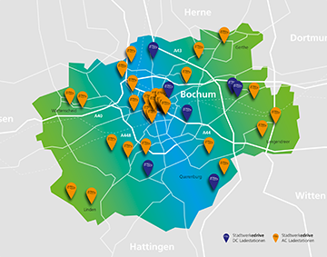 Karte der Stromtankstellen in Bochum und der Region